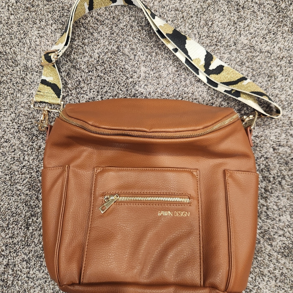 Fawn Design Tan Crossbody Bag with Patterned Strap